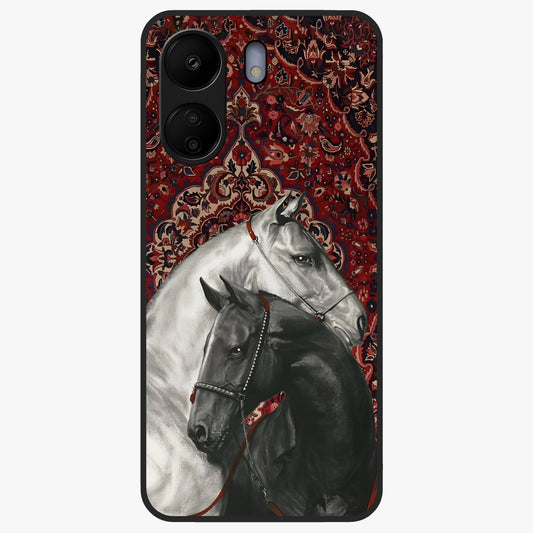 Regal Stallion Tapestry Glass Case showing flat back view with majestic horse tapestry artwork and glossy glass finish.