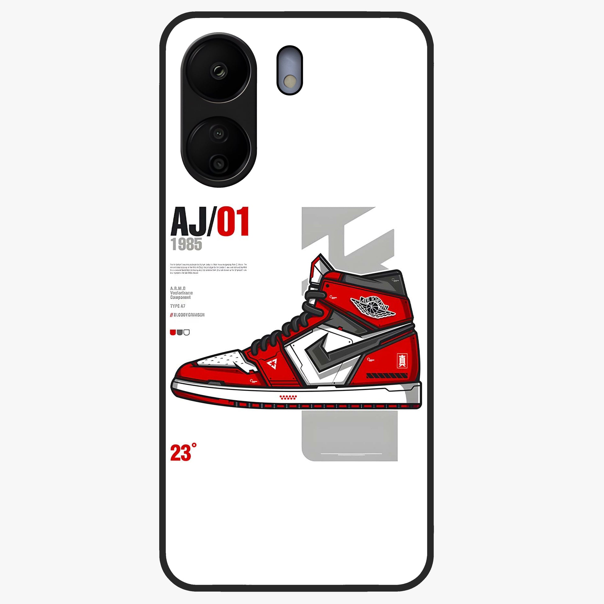 Retro Sneaker Blueprint Glass Case showing flat back view with sneaker blueprint style artwork and glossy glass finish.