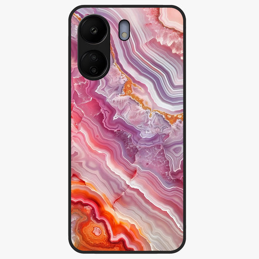 Rose Quartz Marble Glass Case showing flat back view with pink marble quartz texture artwork and glossy glass finish.