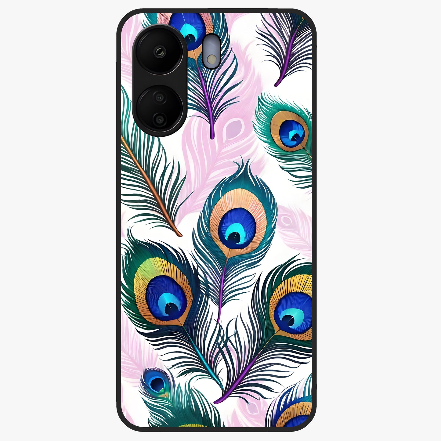 Royal Peacock Feathers Glass Case showing flat back view with colorful peacock feather artwork and glossy glass finish.