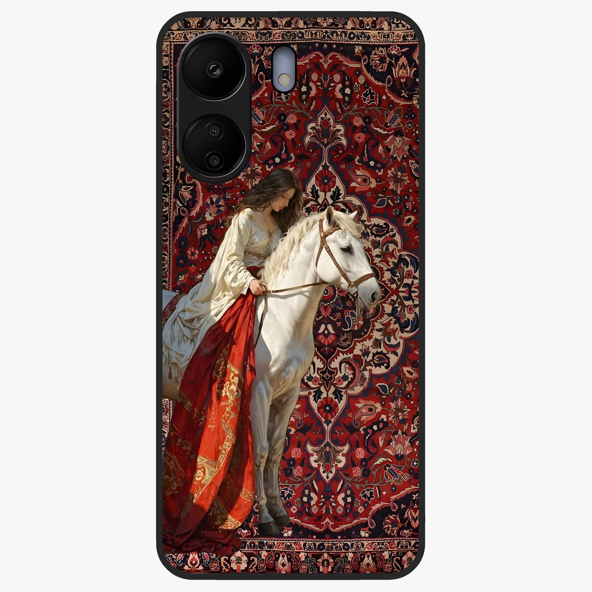 Royal Rider Tapestry Glass Case showing flat back view with majestic horse rider tapestry artwork and glossy glass finish.