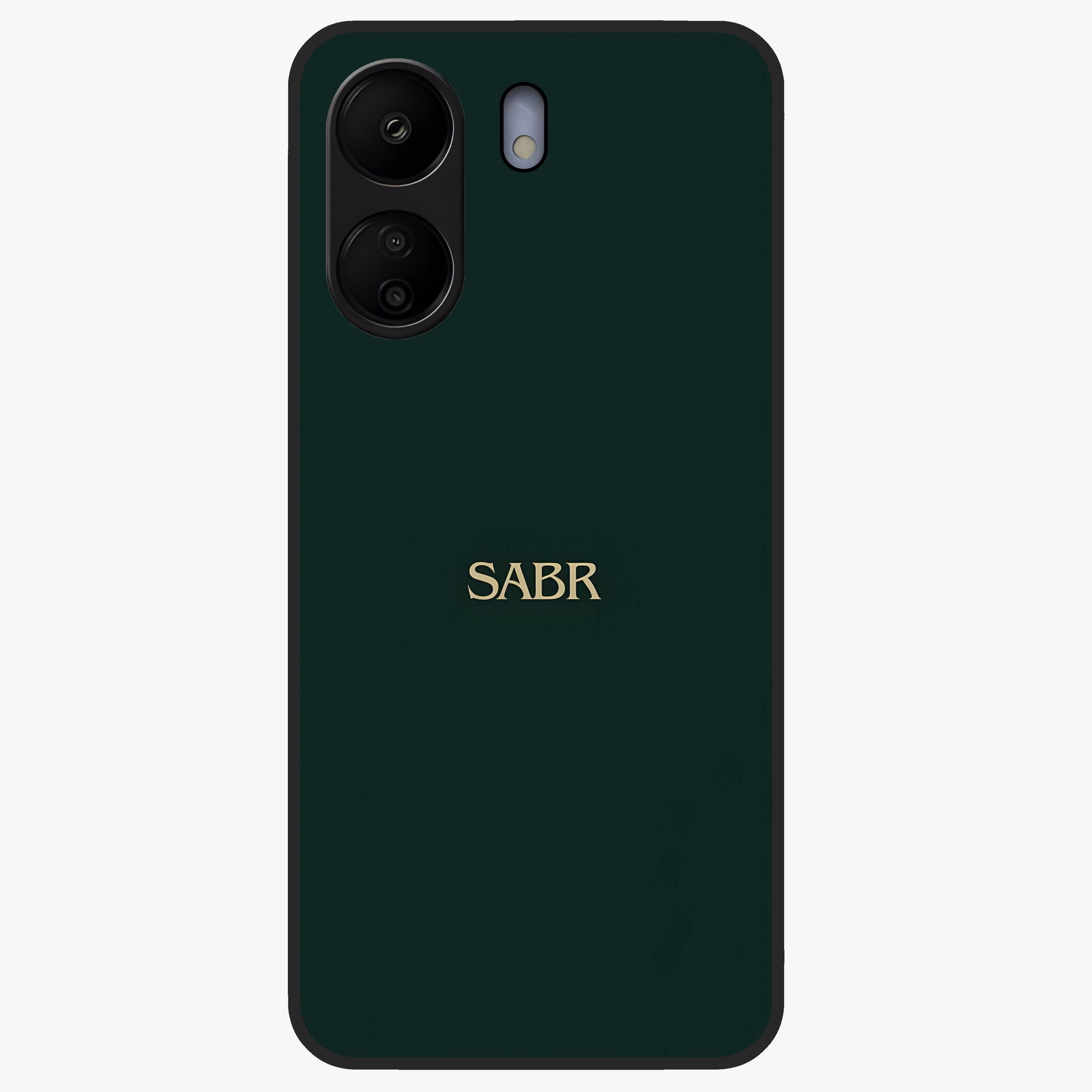 Sabr Minimal Patience Glass Case showing flat back view with minimalist typography artwork and glossy glass finish.