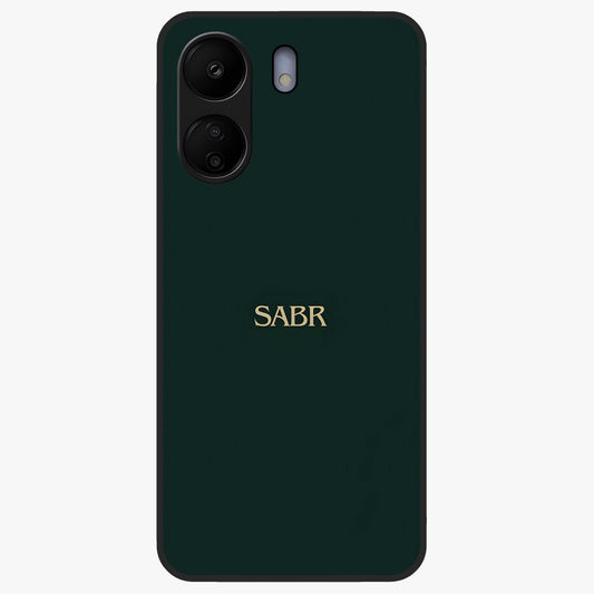 Sabr Minimal Patience Glass Case showing flat back view with minimalist typography artwork and glossy glass finish.