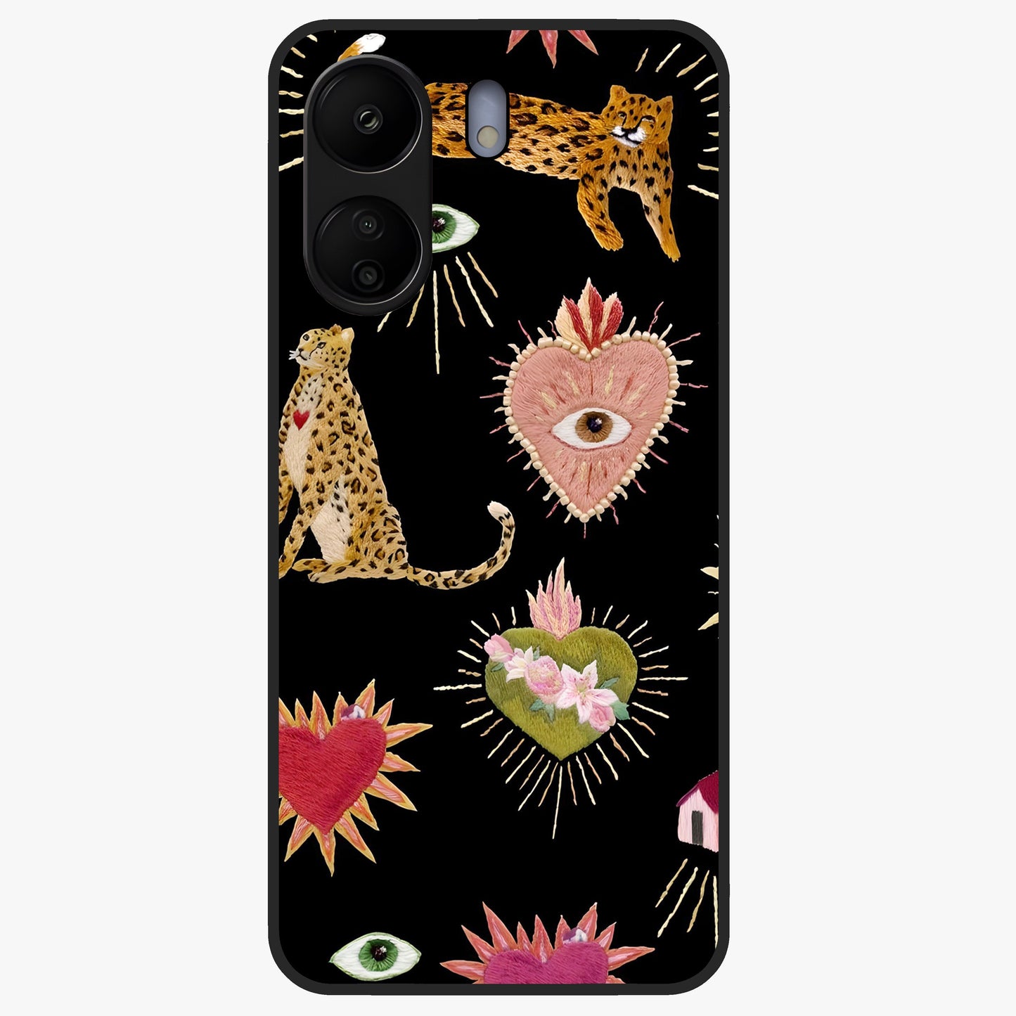 Sacred Jungle Heart Glass Case showing flat back view with jungle inspired heart artwork and glossy glass finish.