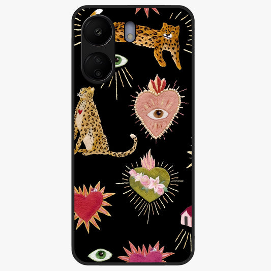 Sacred Jungle Heart Glass Case showing flat back view with jungle inspired heart artwork and glossy glass finish.