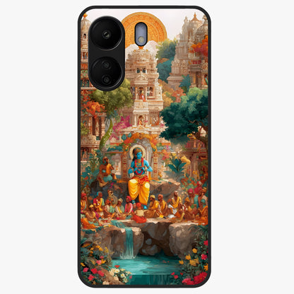 Sacred Sunlight Gods Glass Case showing flat back view with divine sunlight themed artwork and glossy glass finish.