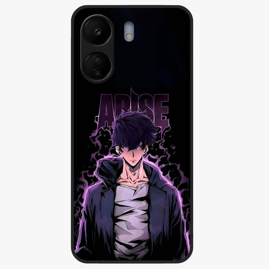 Shadow Monarch Awakening Glass Case showing flat back view with powerful dark monarch themed artwork and glossy glass finish.