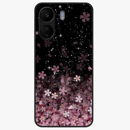 Small Starry Flowers Glass Case showing flat back view with delicate starry floral artwork and glossy glass finish.