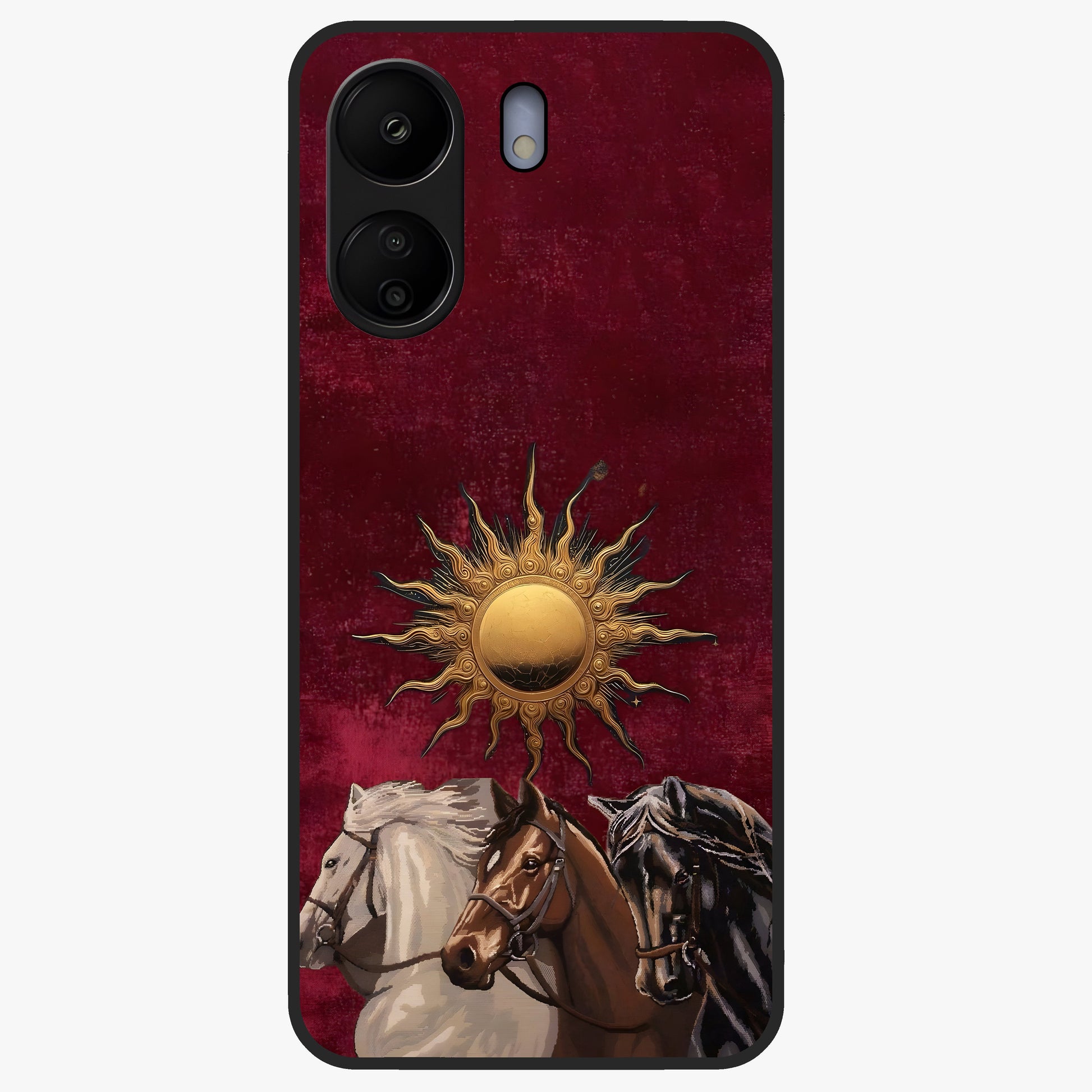 Solar Riders Glass Case showing flat back view with dynamic rider themed artwork and glossy glass finish.