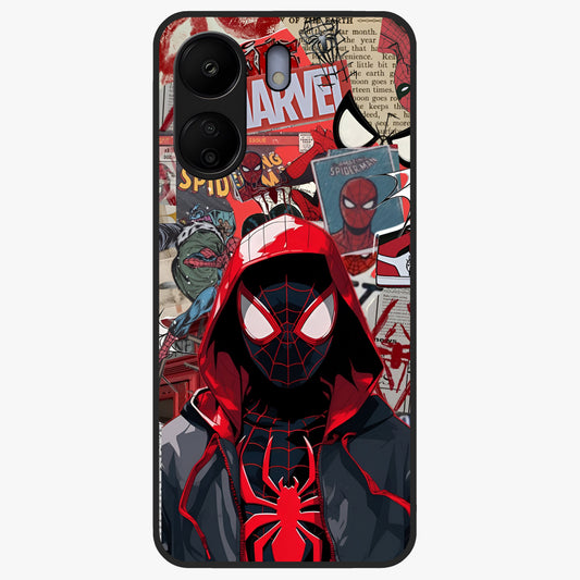 Spider Collage Street Glass Case showing flat back view with vibrant superhero collage artwork and glossy glass finish.