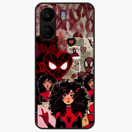 Spider Love Story Glass Case showing flat back view with romantic superhero themed artwork and glossy glass finish.