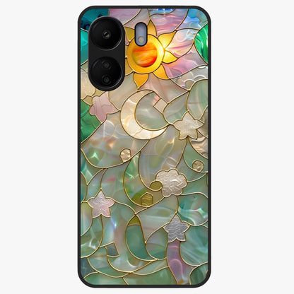 Stained Sunrise Glow Glass Case showing flat back view with glowing sunrise stained pattern artwork and glossy glass finish.