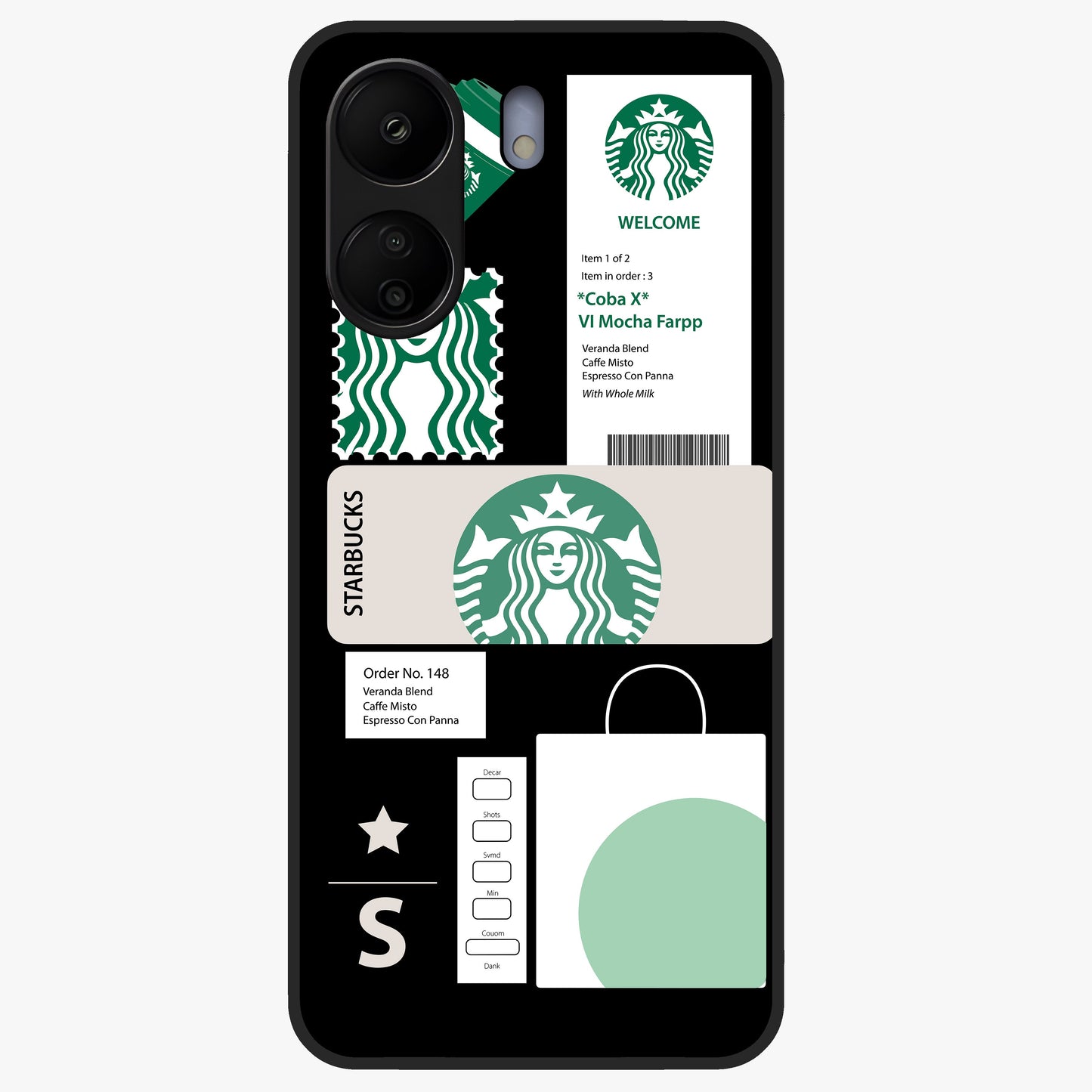Starbucks Mocha Glass Case showing flat back view with coffee inspired artwork and glossy glass finish.