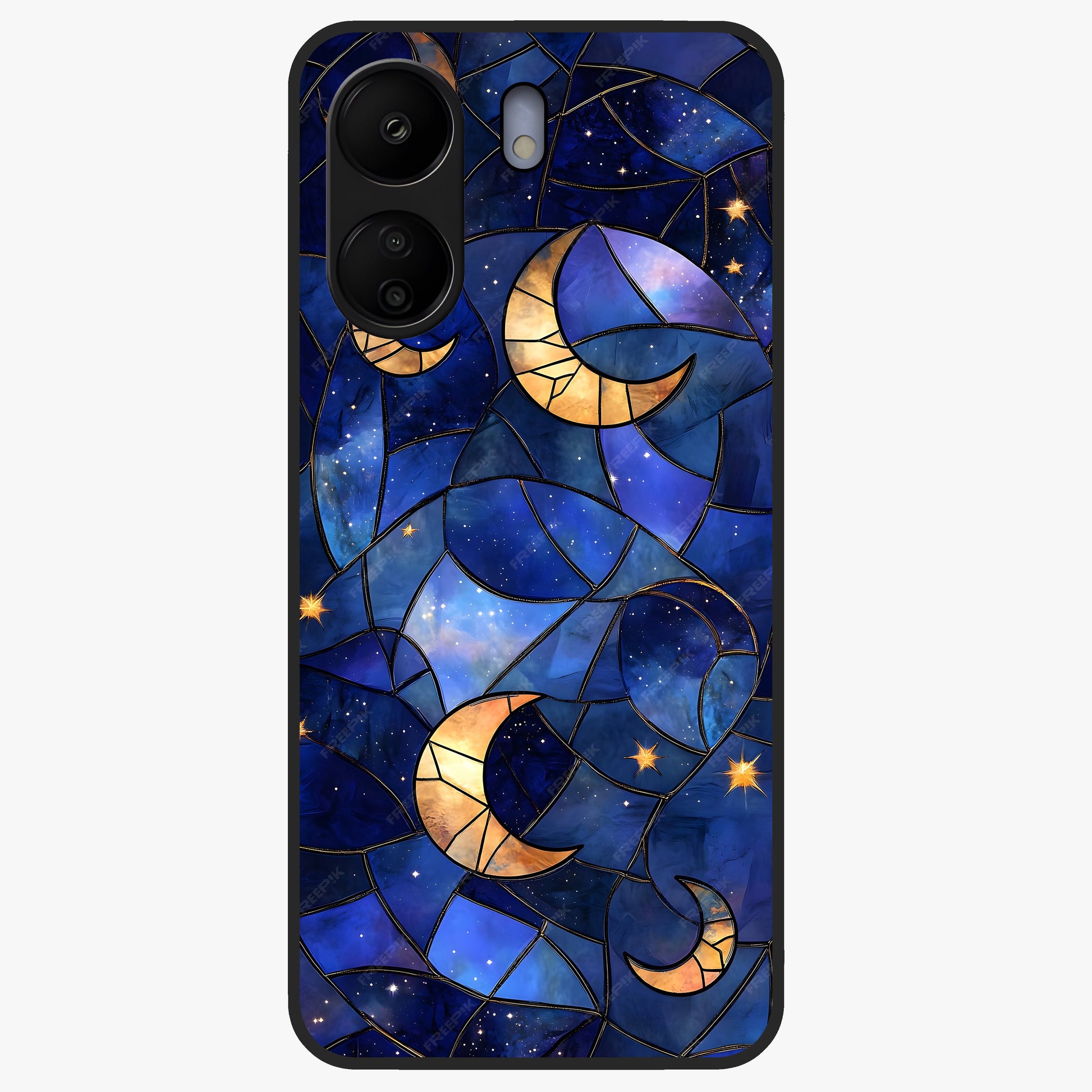 Starlit Sky Tapestry Glass Case showing flat back view with decorative starry sky tapestry artwork and glossy glass finish.