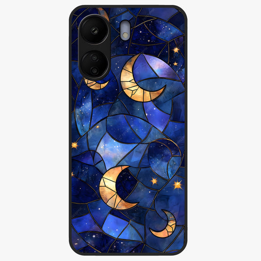 Starlit Sky Tapestry Glass Case showing flat back view with decorative starry sky tapestry artwork and glossy glass finish.