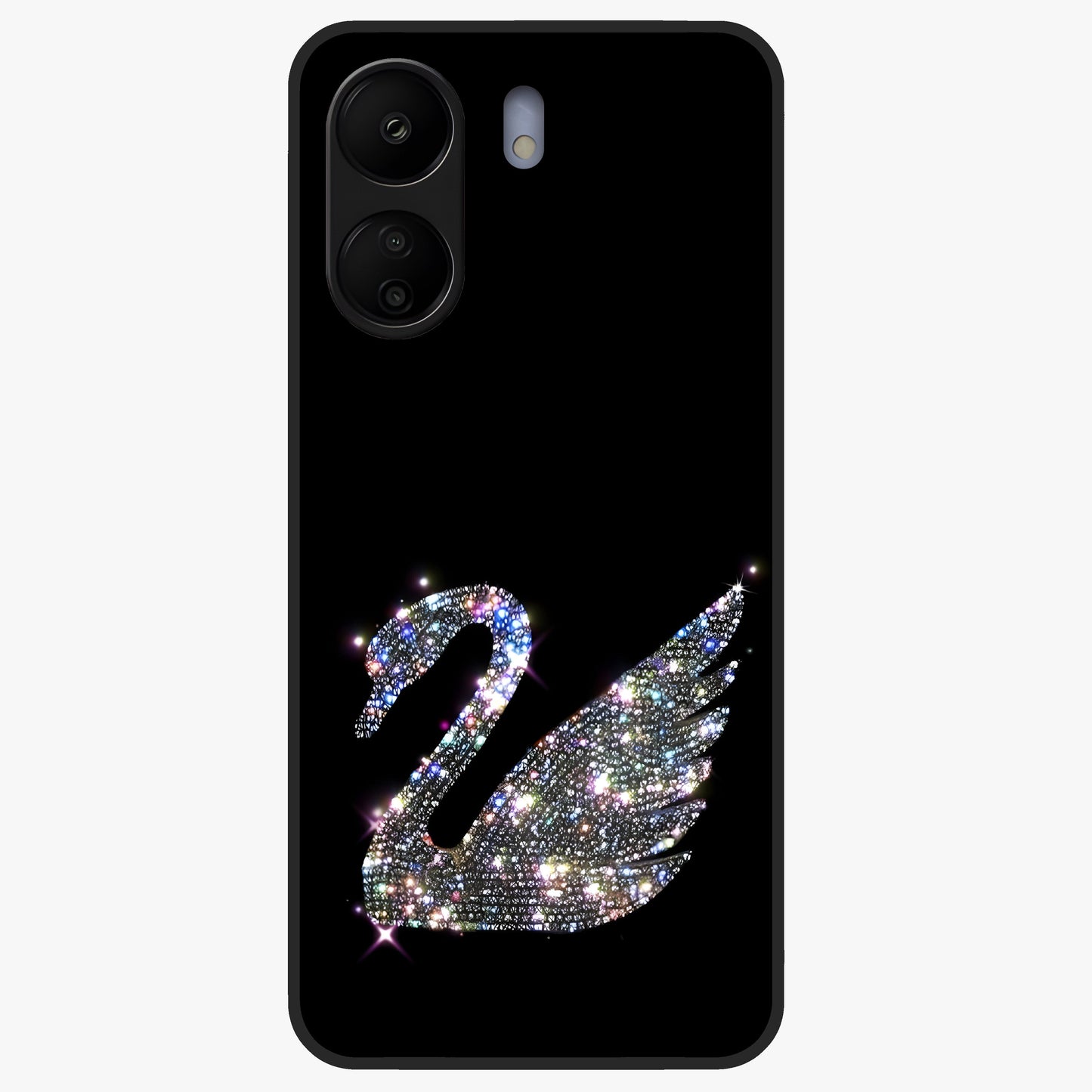 Starlit Swan Grace Glass Case showing flat back view with graceful swan artwork under starry sky and glossy glass finish.