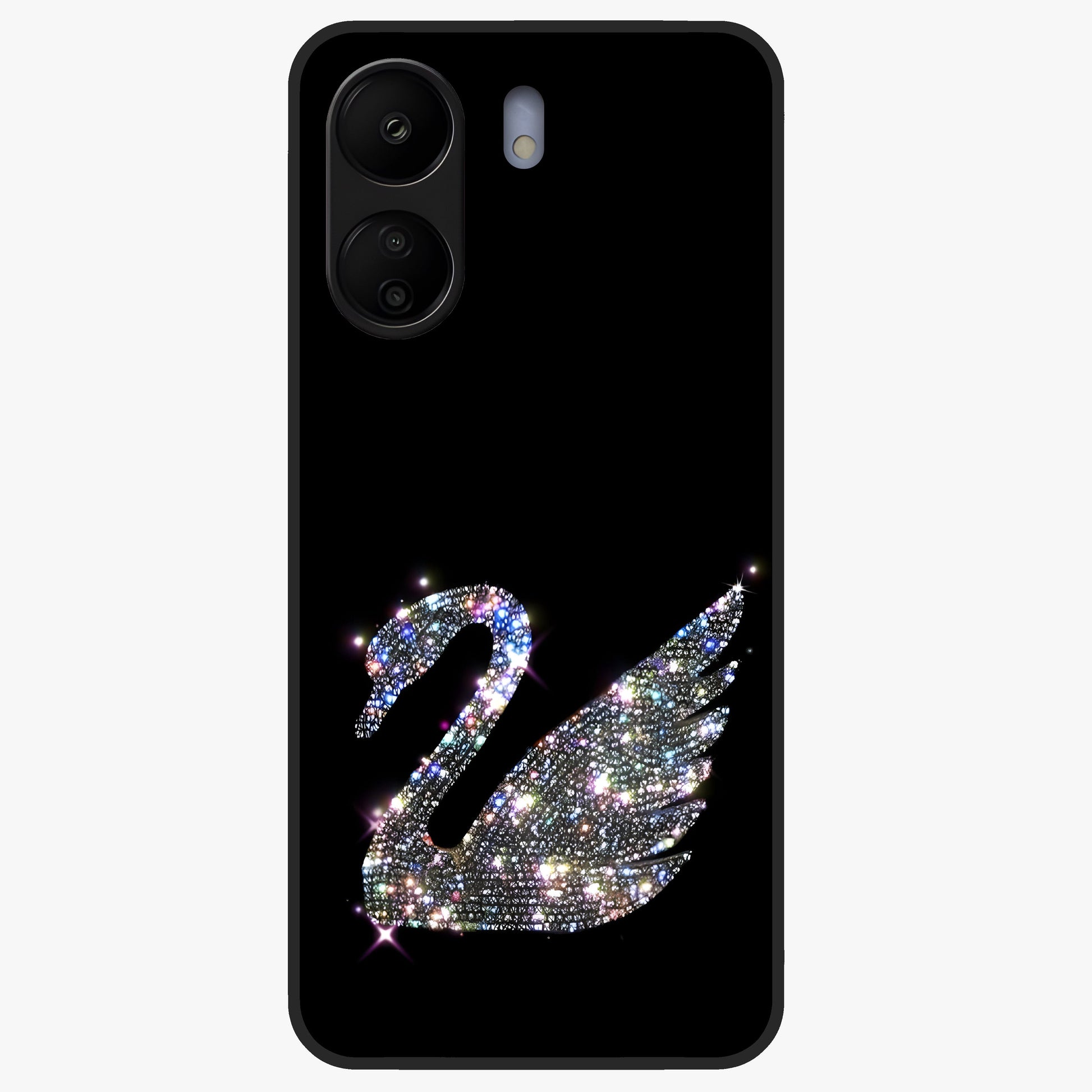 Starlit Swan Grace Glass Case showing flat back view with graceful swan artwork under starry sky and glossy glass finish.