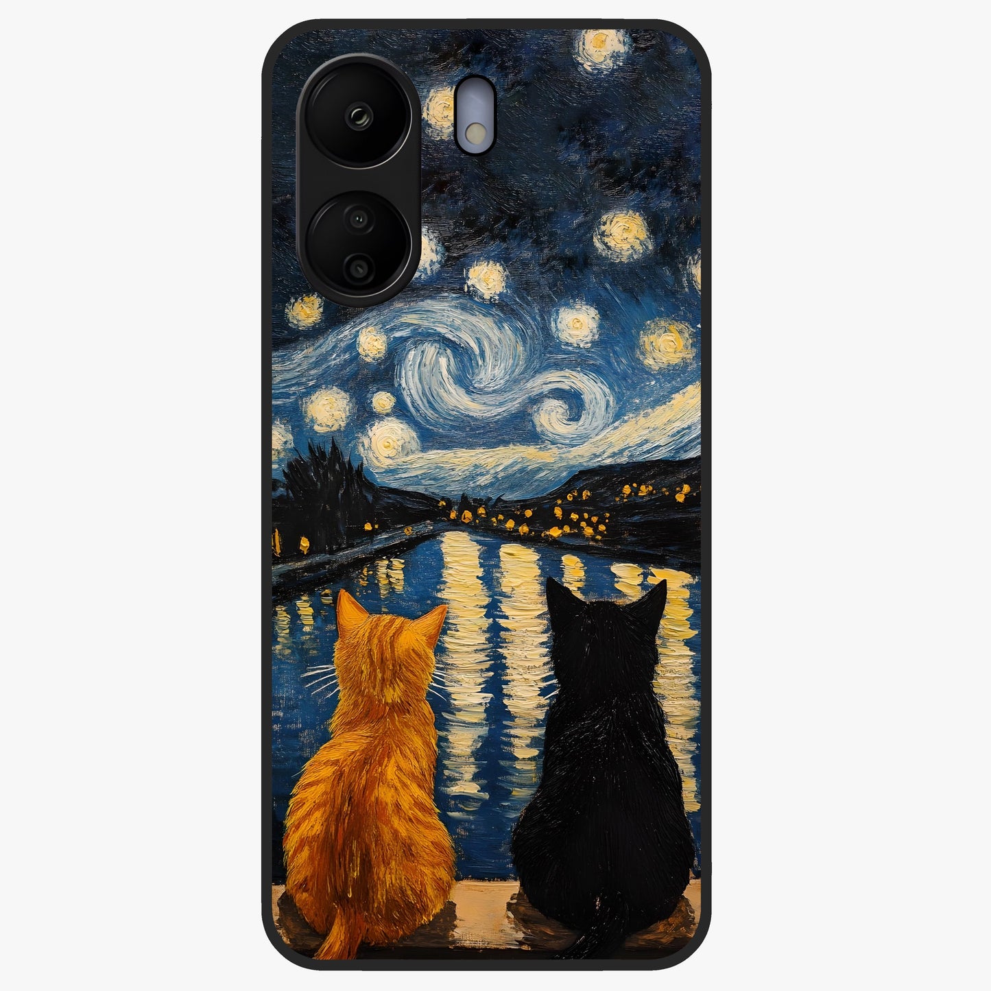 Starry River Cats Glass Case showing flat back view with cats by a starry river artwork and glossy glass finish.