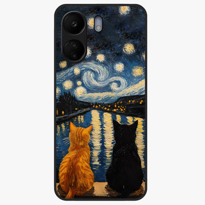 Starry River Cats Glass Case showing flat back view with cats by a starry river artwork and glossy glass finish.