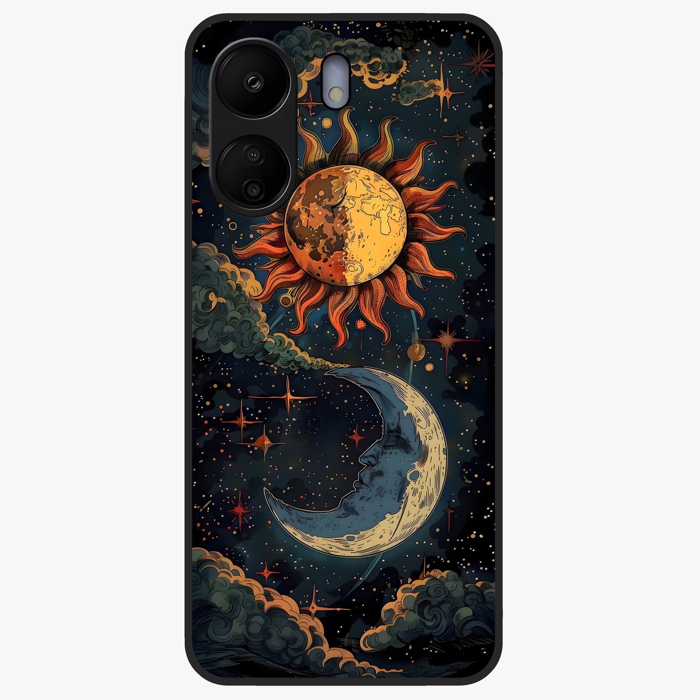 Sun And Moon Magic Design Glass Case showing flat back view with mystical sun and moon artwork and glossy glass finish.