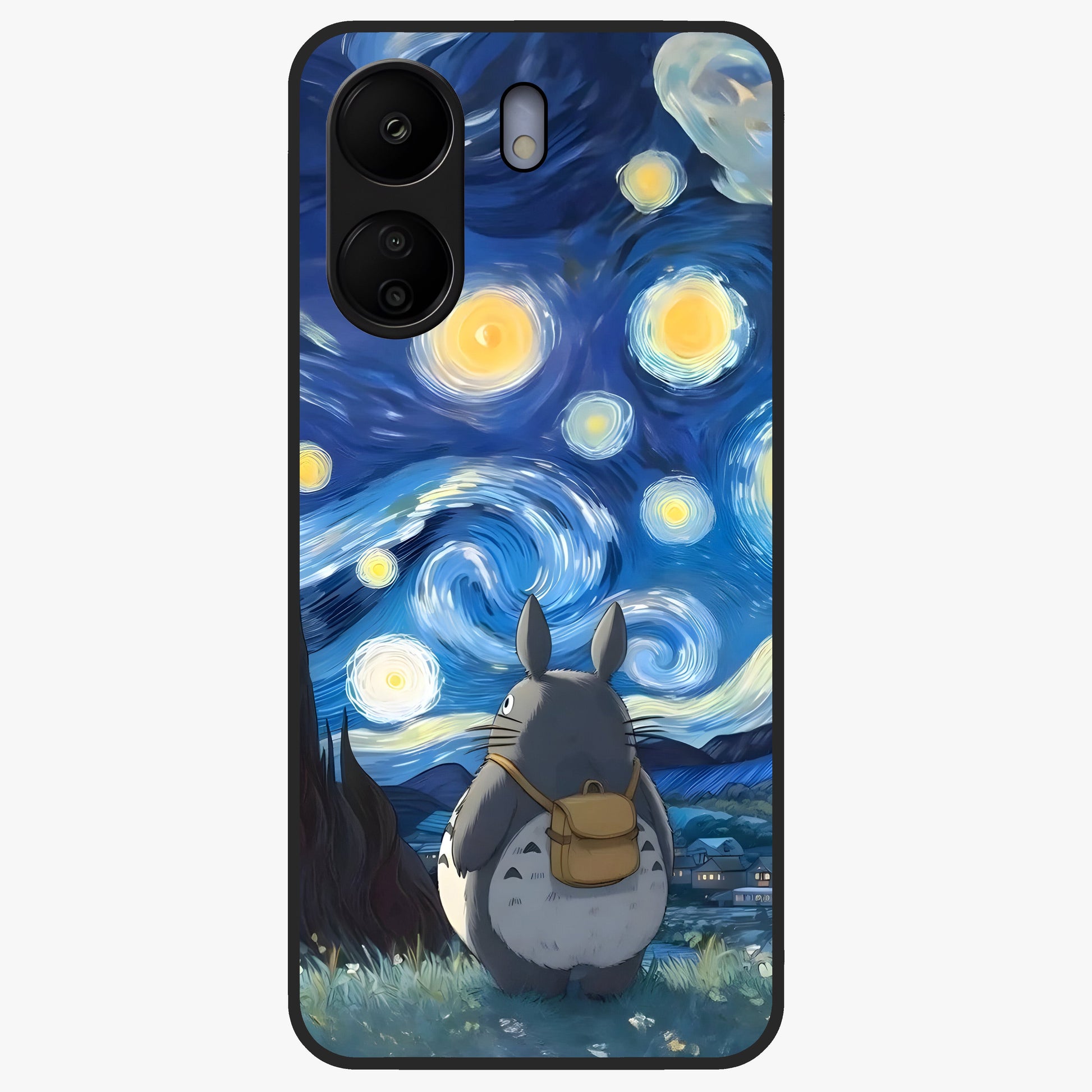Totoro In Van Gogh Art Glass Case showing flat back view with whimsical character artwork inspired by Van Gogh style and glossy glass finish.