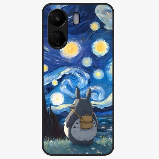 Totoro In Van Gogh Art Glass Case showing flat back view with whimsical character artwork inspired by Van Gogh style and glossy glass finish.