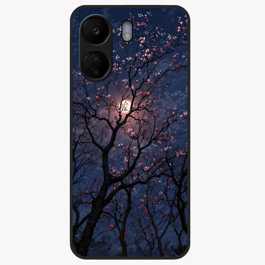 Twilight Sakura Serenade Glass Case showing flat back view with cherry blossom artwork at twilight and glossy glass finish.