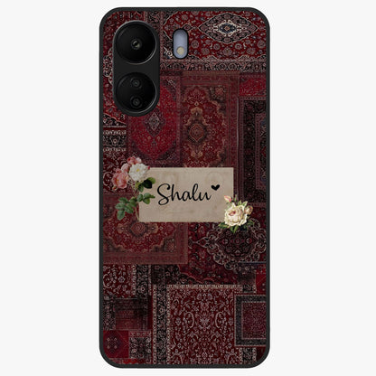 Velvet Wine Pattern Custom Name Glass Case showing flat back view with elegant wine colored pattern artwork and personalized name design.