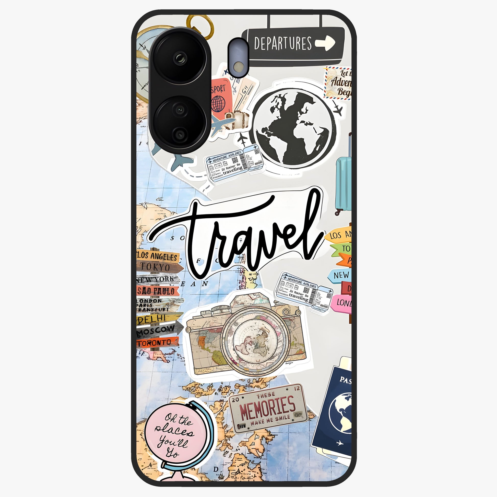 Wanderlust Journal Glass Case showing flat back view with travel inspired artwork and glossy glass finish.