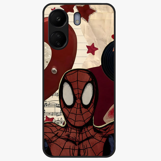 Web Warrior Vibes Glass Case showing flat back view with superhero inspired web themed artwork and glossy glass finish.
