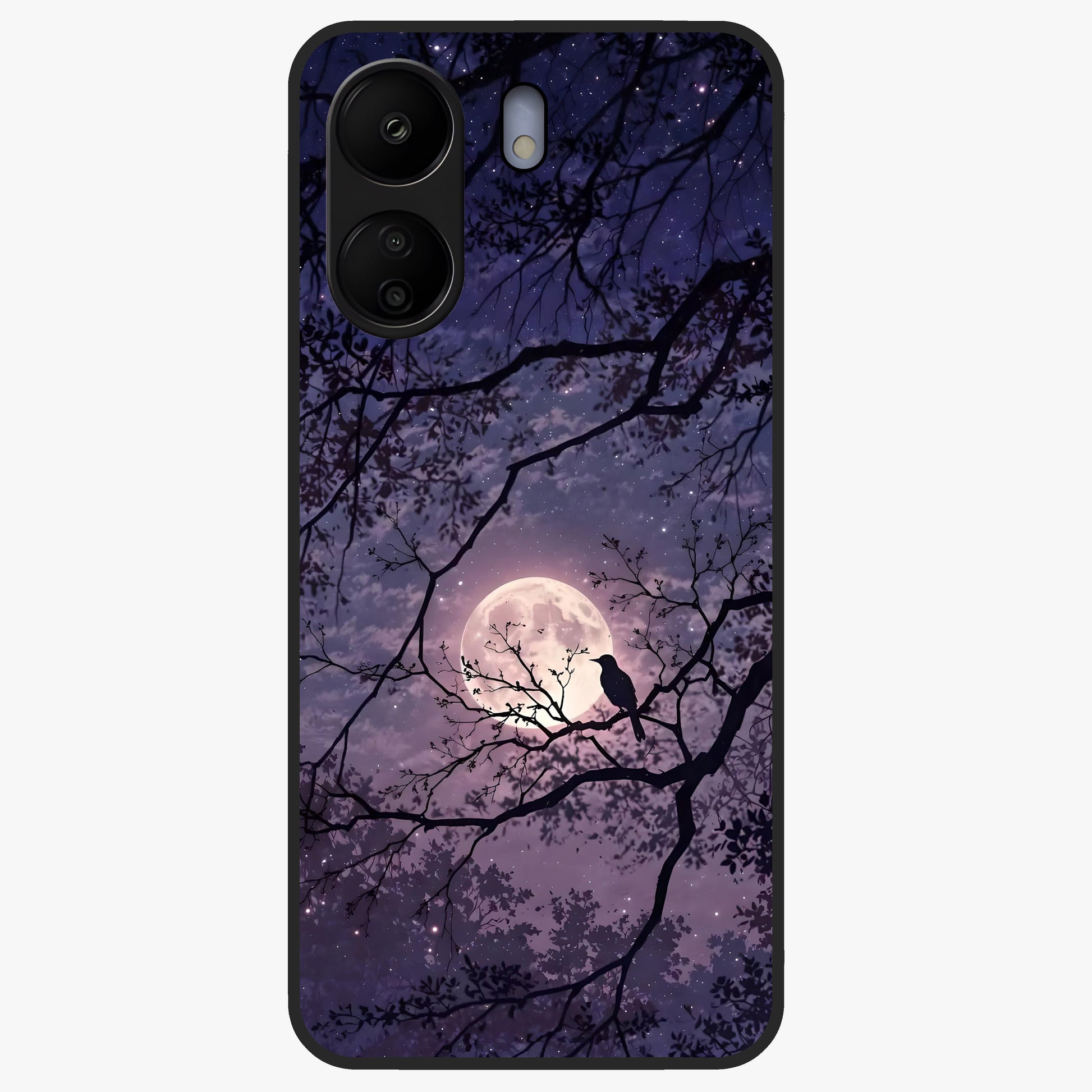 Whispering Moon Silence Glass Case showing flat back view with serene moon themed artwork and glossy glass finish.