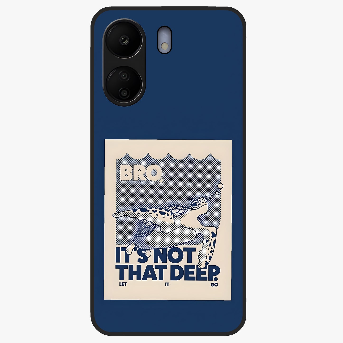 Worry Less Swim Glass Case showing flat back view with playful motivational artwork and glossy glass finish.