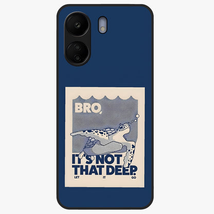 Worry Less Swim Glass Case showing flat back view with playful motivational artwork and glossy glass finish.