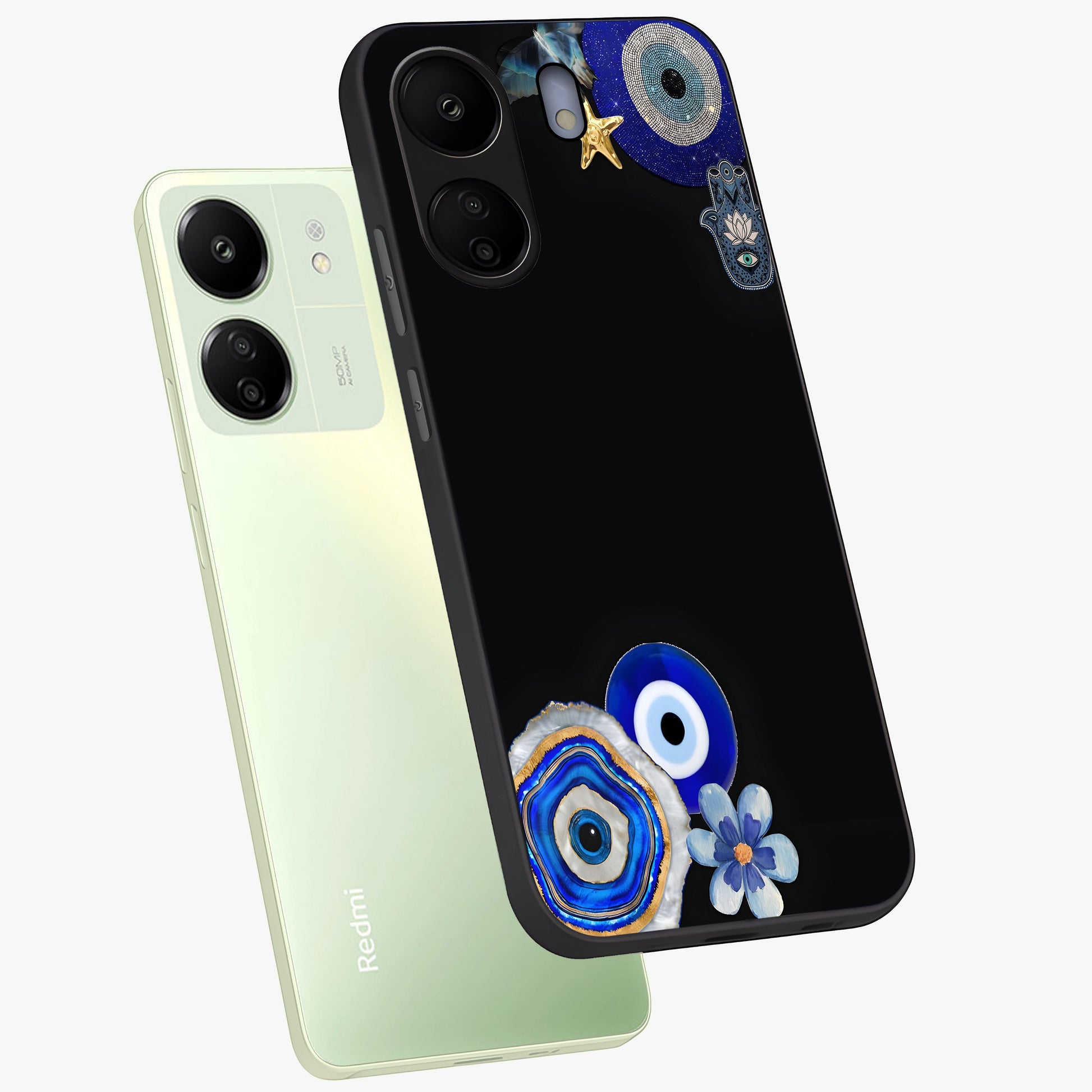 Aesthetic Blue Evil Eye Glass Case displayed in angled mockup highlighting blue evil eye symbol and spiritual aesthetic design.