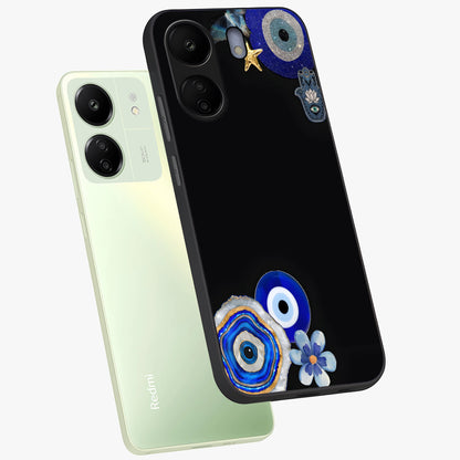 Aesthetic Blue Evil Eye Glass Case displayed in angled mockup highlighting blue evil eye symbol and spiritual aesthetic design.