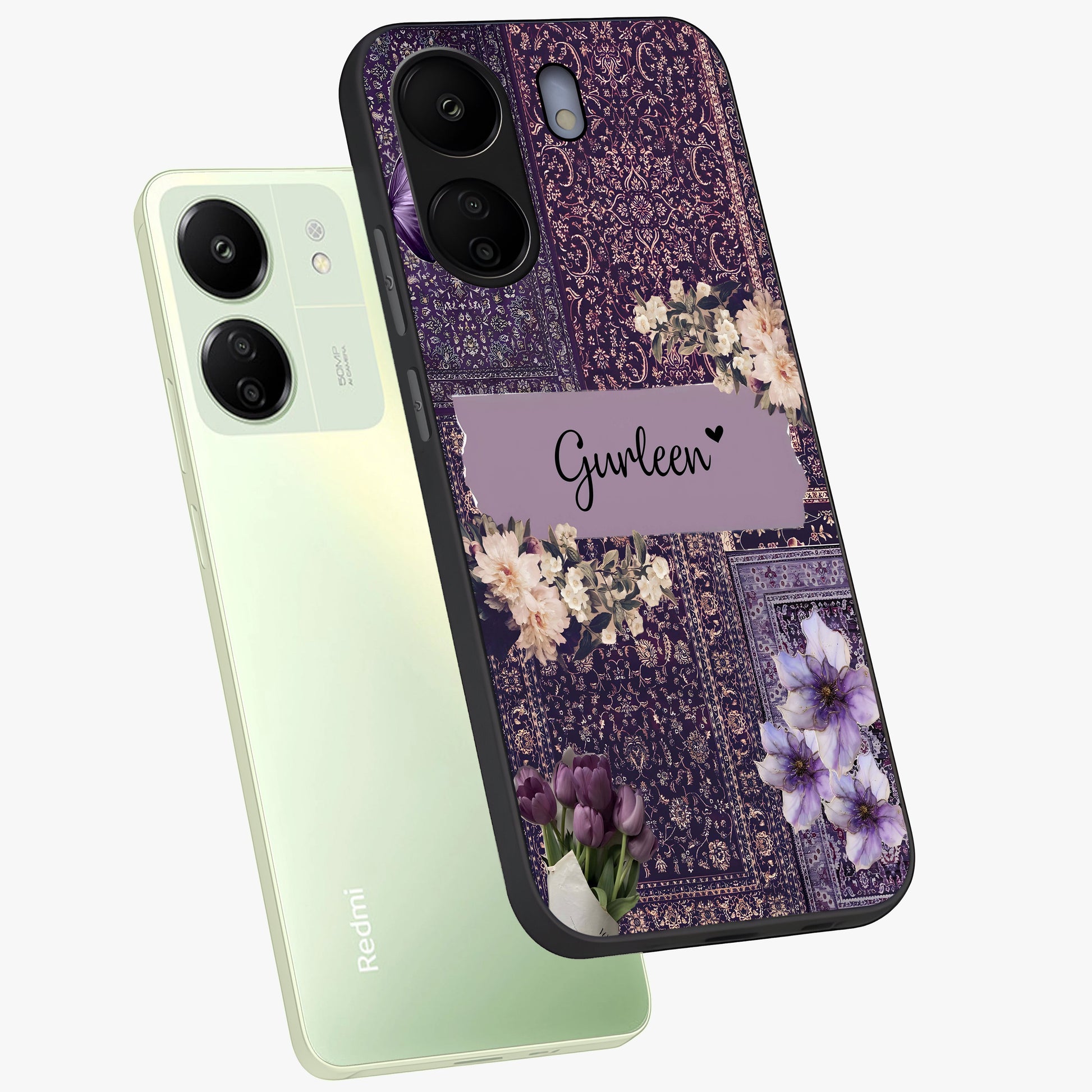 Antique Floral Whisper Custom Name Glass Case displayed in angled mockup highlighting elegant antique floral aesthetic.
