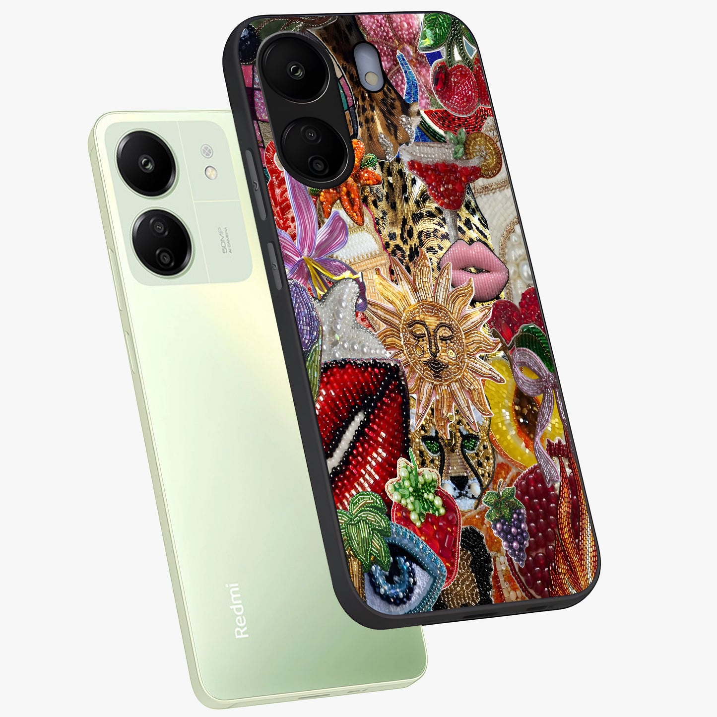 Beaded Fashion Jungle Glass Case displayed in angled mockup highlighting colorful fashion bead design and artistic pattern.