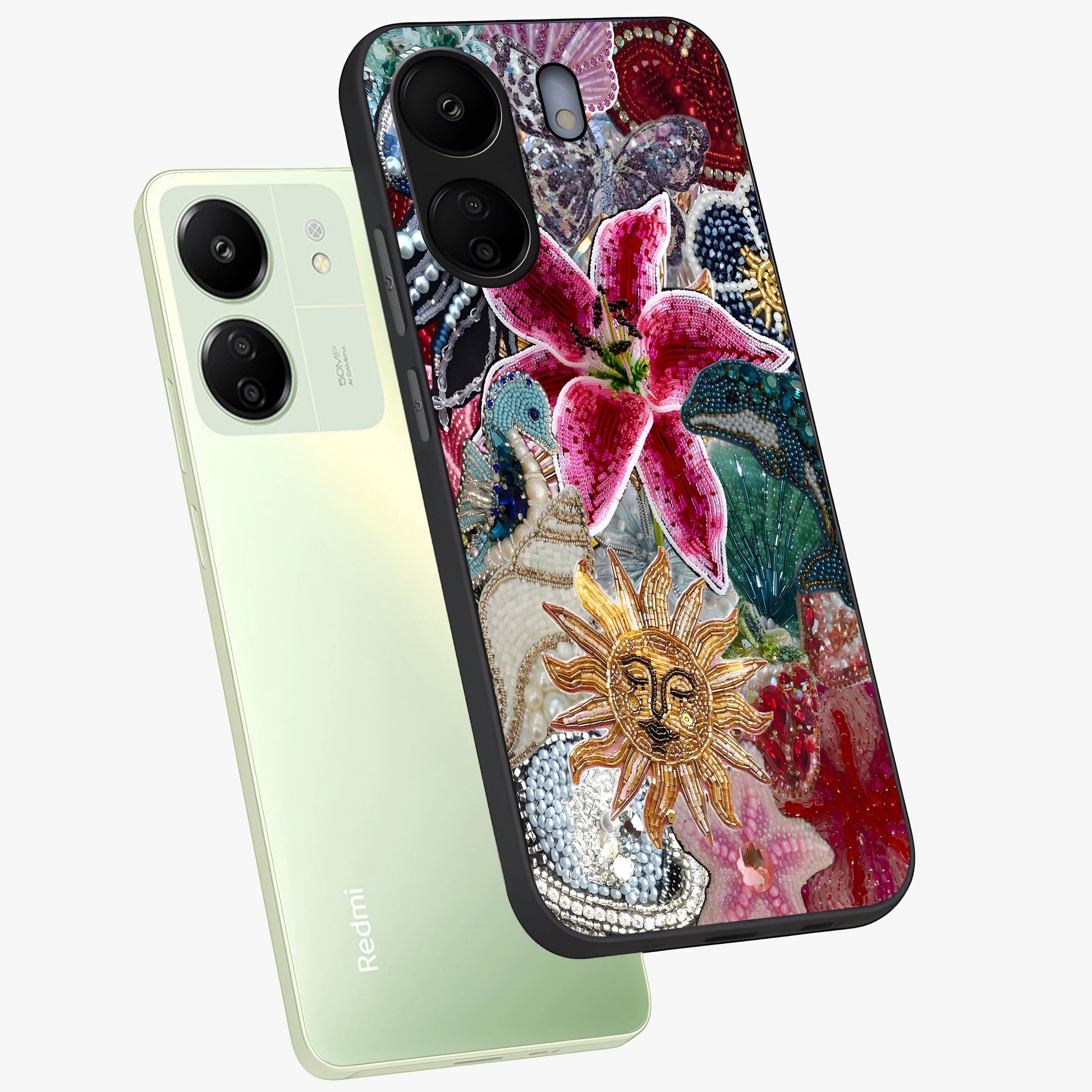 Beaded Garden Fantasy Glass Case displayed in angled mockup highlighting fantasy inspired floral bead pattern.
