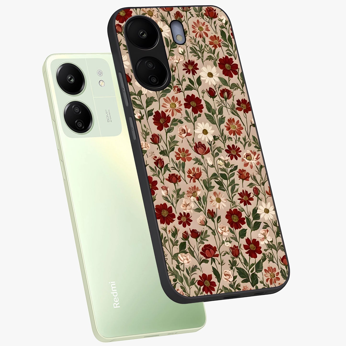 Biege Flower With Leaf Glass Case displayed in angled mockup highlighting minimal floral leaf design and elegant aesthetic.