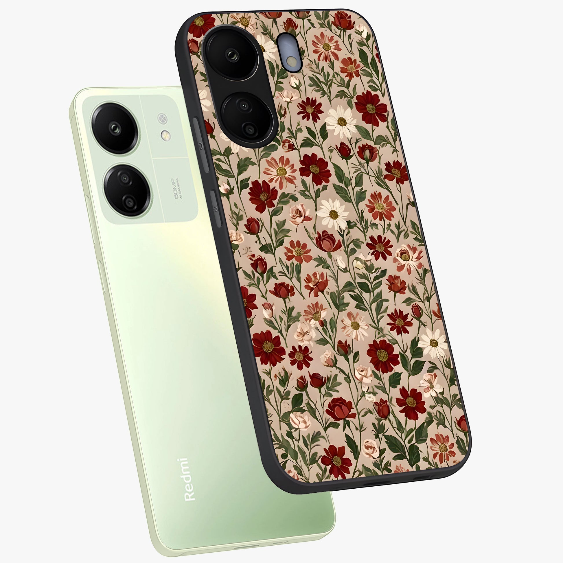 Biege Flower With Leaf Glass Case displayed in angled mockup highlighting minimal floral leaf design and elegant aesthetic.