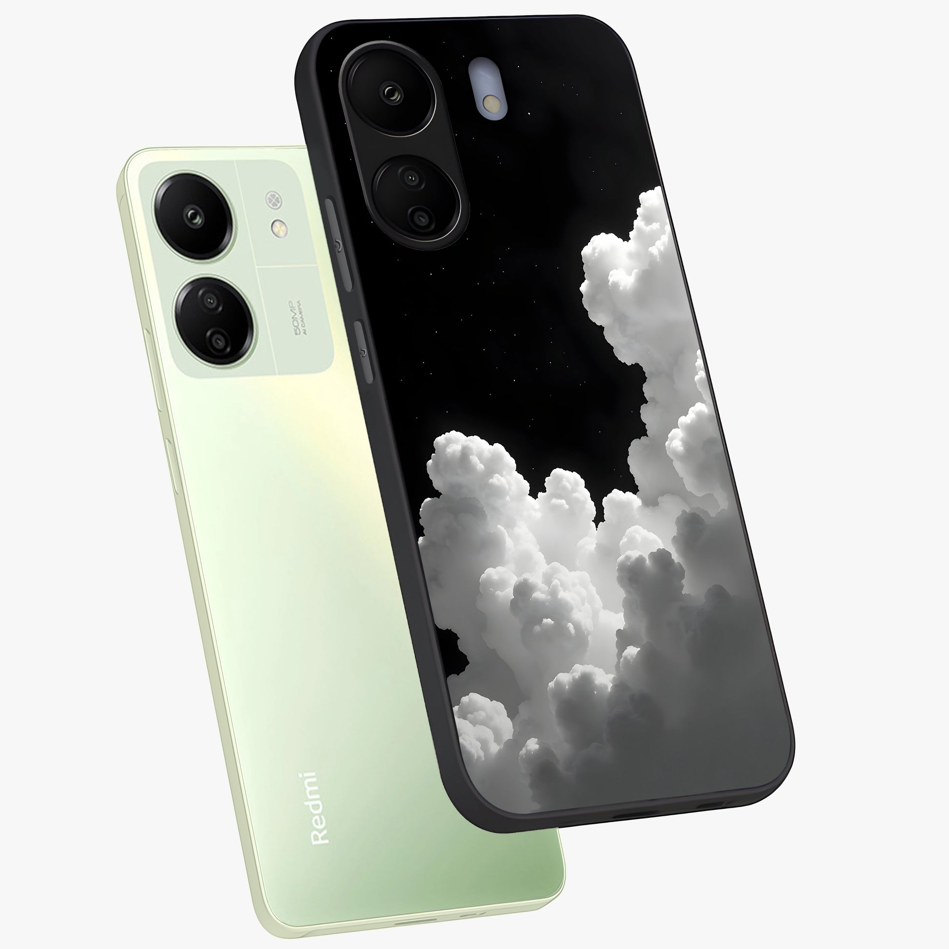 Black Background With White Cloud Glass Case displayed in angled mockup highlighting soft white cloud illustration and minimal design.