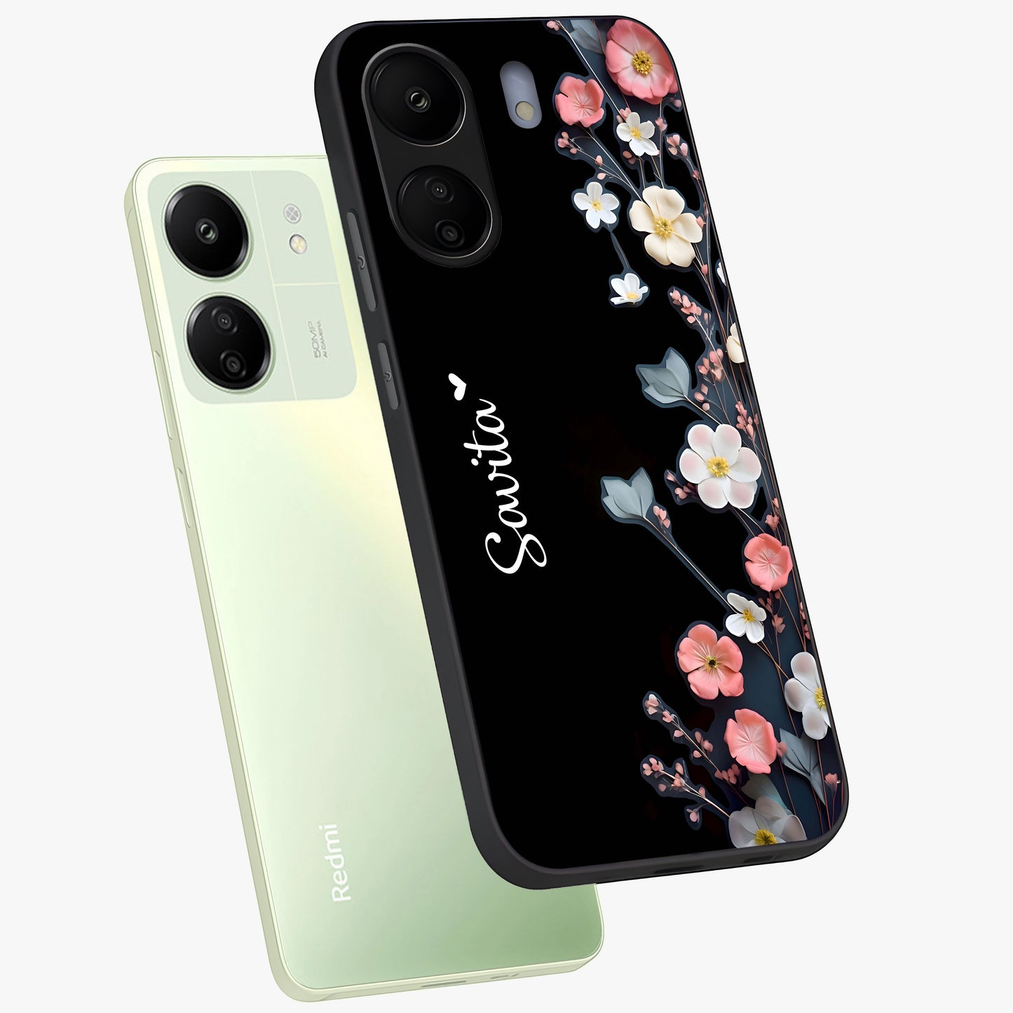 Black Elegance Floral Custom Name Glass Case displayed in angled mockup highlighting dark floral aesthetic and custom name feature.
