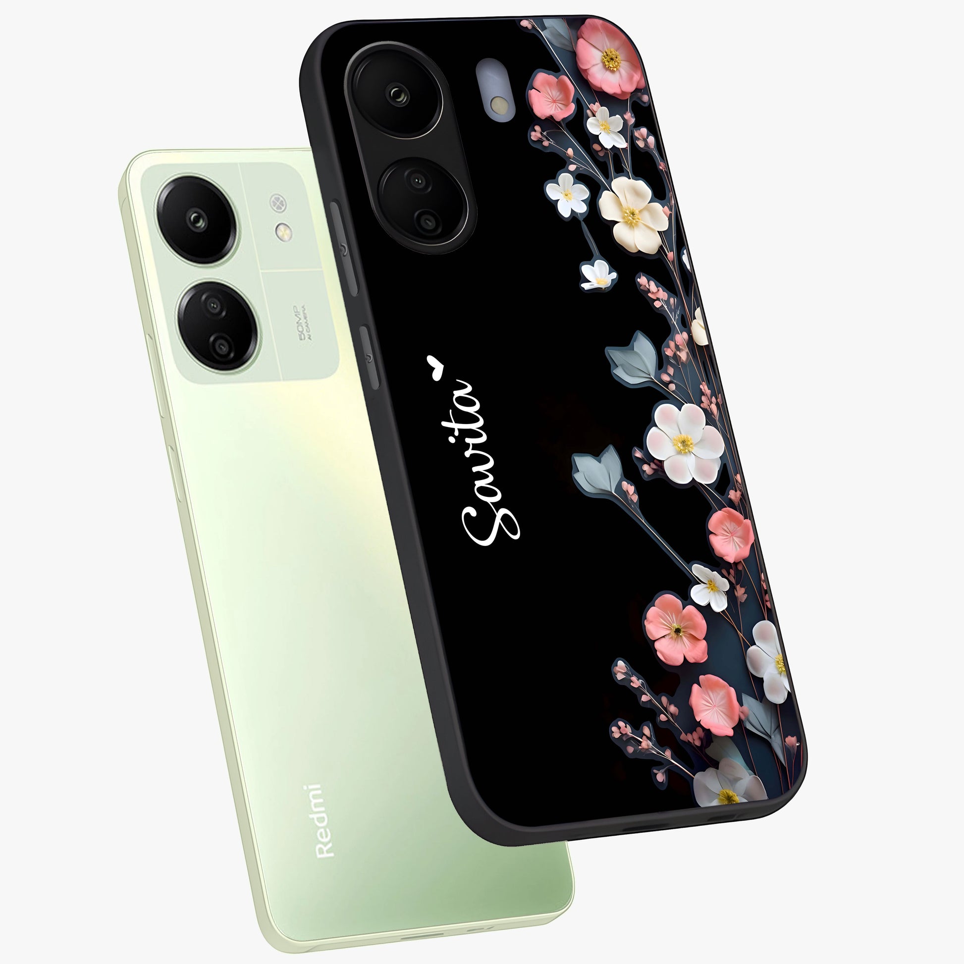 Black Elegance Floral Custom Name Glass Case displayed in angled mockup highlighting dark floral aesthetic and custom name feature.