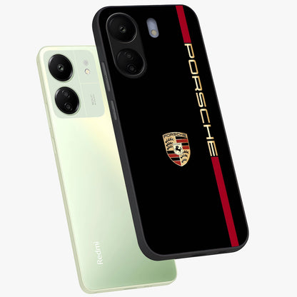 Black Minimal Porsche Glass Case displayed in angled mockup highlighting modern minimal car illustration and clean aesthetic design.