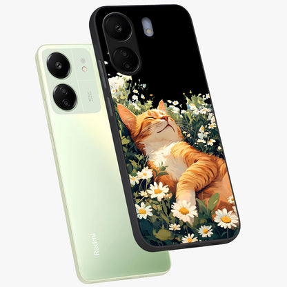 Blissful Bloom Cat Glass Case displayed in angled mockup highlighting playful feline illustration with soft floral aesthetic.