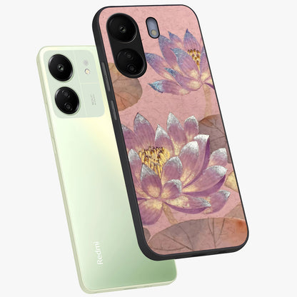 Blossom Mist Lotus Glass Case displayed in angled mockup highlighting delicate lotus illustration with calm aesthetic theme.
