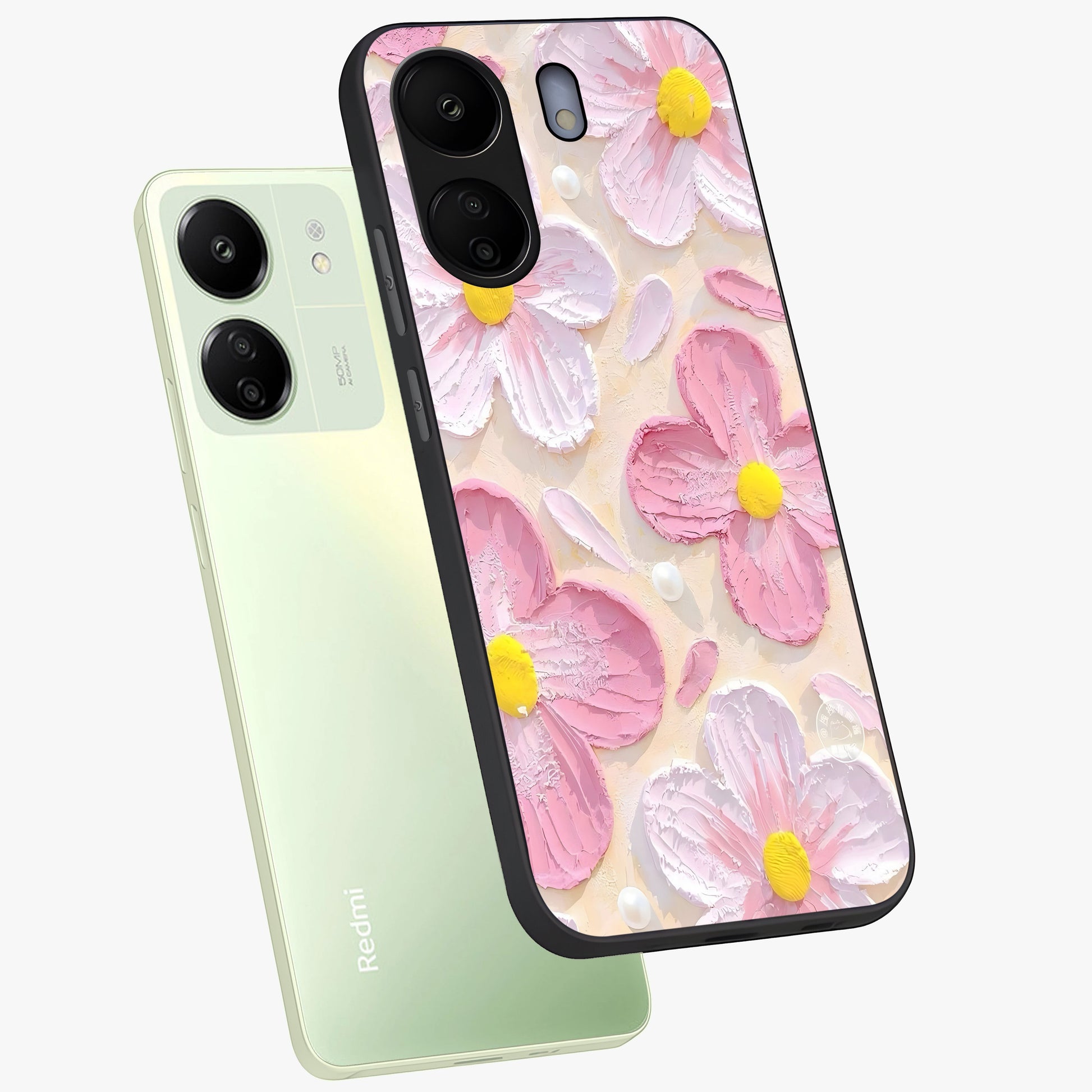 Blush Bloom Texture Glass Case displayed in angled mockup highlighting subtle bloom pattern with aesthetic pastel design.