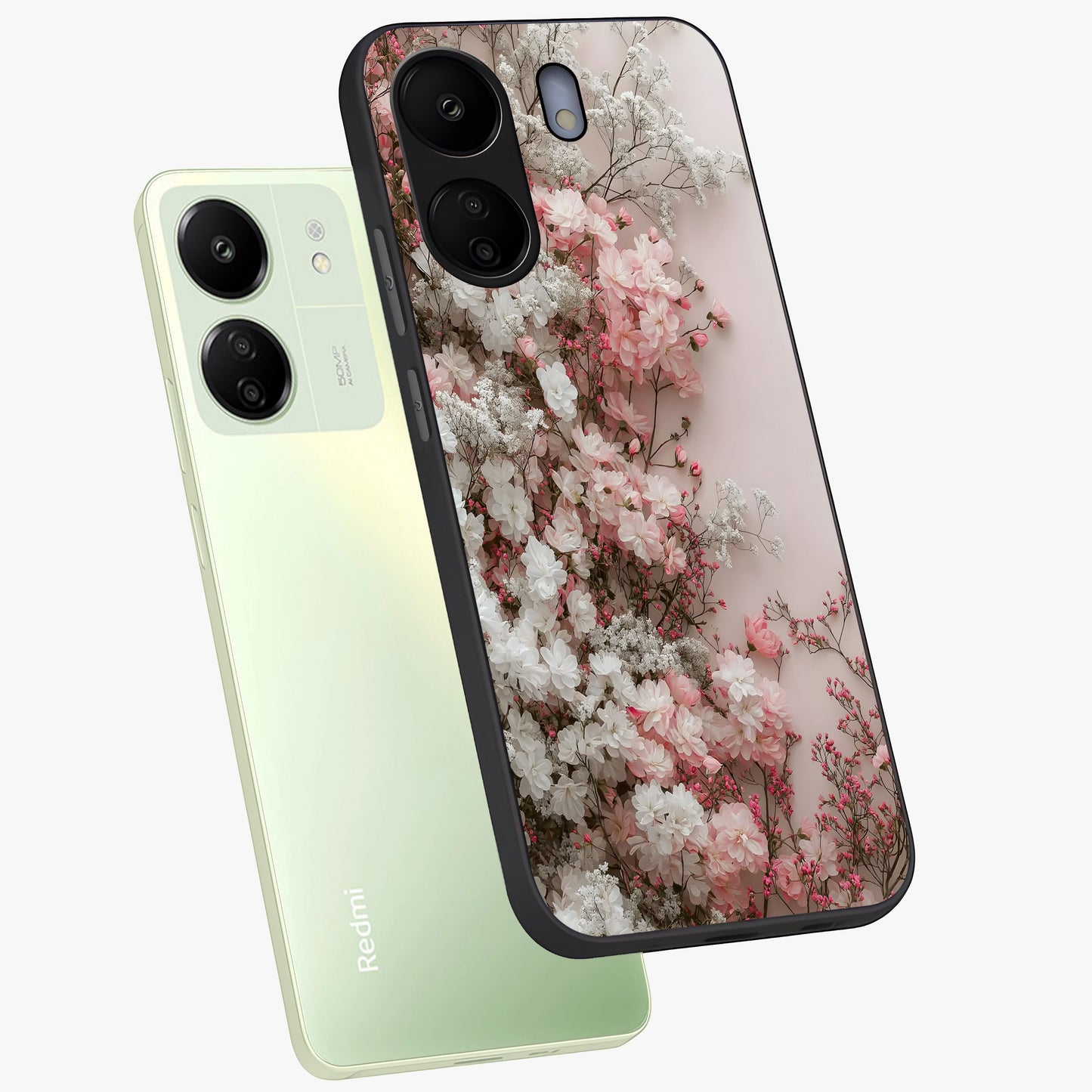 Blush Blossom Cloud Glass Case displayed in angled mockup highlighting soft cloud and blossom design with pastel aesthetic.