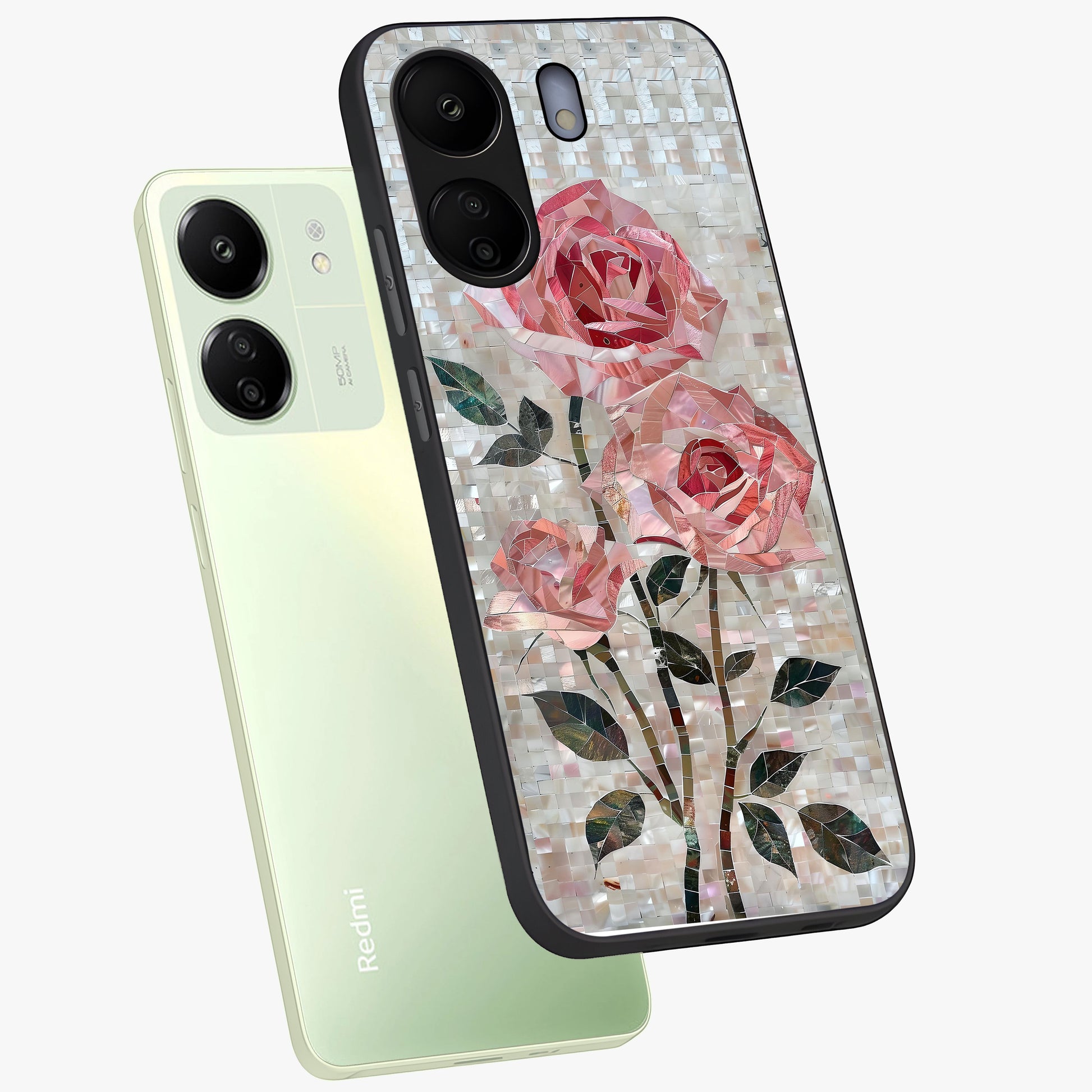 Blush Mosaic Bloom Glass Case displayed in angled mockup highlighting artistic mosaic flower pattern with aesthetic design.