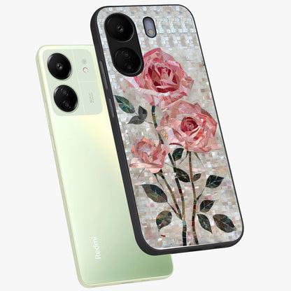 Blush Mosaic Bloom Glass Case displayed in angled mockup highlighting artistic mosaic flower pattern with aesthetic design.